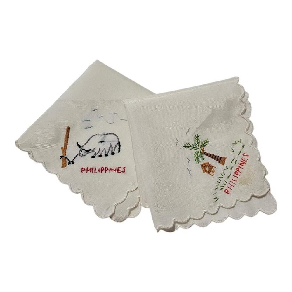 Vintage Handkerchief Hankie Philippines Stitched Straw Hut Bull Ox Palm Tree